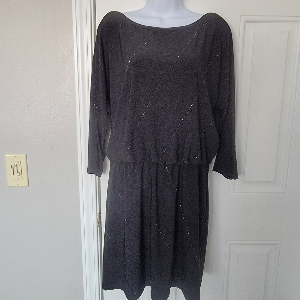 WHBM Blouson Top 3/4 Sleeves Black Diagonal Sparkles Short Party Cocktail M